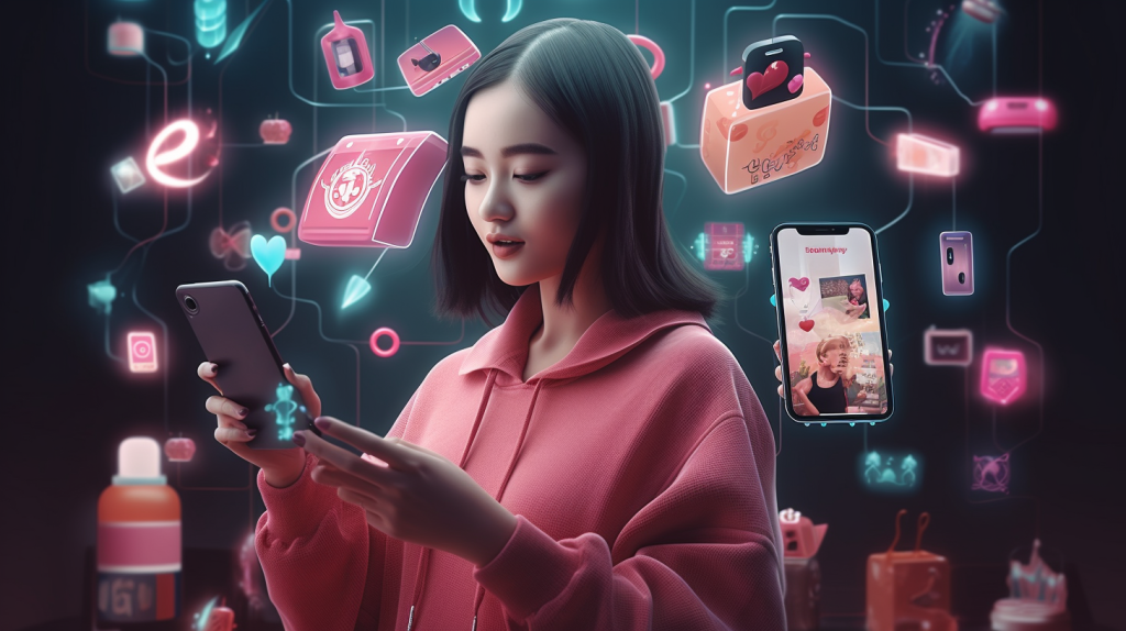 Persona joven navegando en TikTok en su teléfono móvil, viendo un video de un influencer promocionando un producto de comercio electrónico, con íconos de compras en línea alrededor.