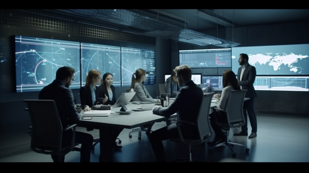 Grupo diverso de empleados colaborando en un proyecto de inteligencia artificial en una sala de reuniones moderna, con una pantalla táctil mostrando gráficos y datos. Ejemplo de la integración de la IA en la cultura organizacional.
