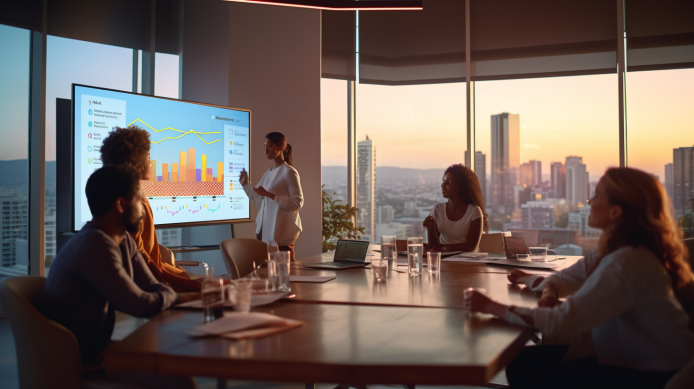 Empresarios de PYME analizando gráficos de tendencias de datos del mercado y predicciones con inteligencia artificial en una reunión, con una empresaria señalando la pantalla para sugerir una mejora.
